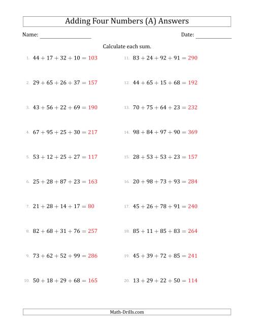 The Adding Four Numbers Horizontally (Range 10 to 99) (A) Math Worksheet Page 2