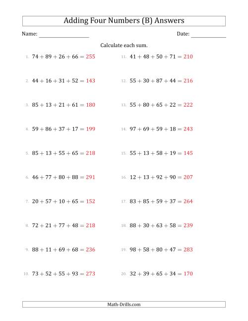 The Adding Four Numbers Horizontally (Range 10 to 99) (B) Math Worksheet Page 2