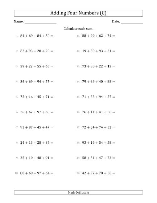 The Adding Four Numbers Horizontally (Range 10 to 99) (C) Math Worksheet