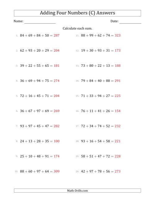 The Adding Four Numbers Horizontally (Range 10 to 99) (C) Math Worksheet Page 2