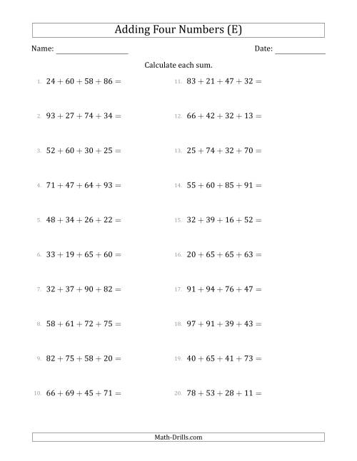 The Adding Four Numbers Horizontally (Range 10 to 99) (E) Math Worksheet