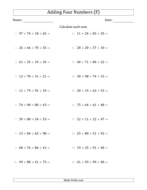 The Adding Four Numbers Horizontally (Range 10 to 99) (F) Math Worksheet