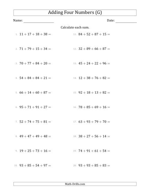 The Adding Four Numbers Horizontally (Range 10 to 99) (G) Math Worksheet