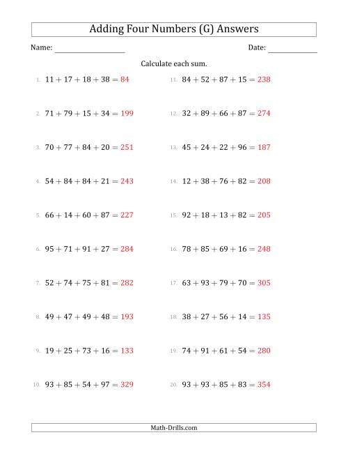 The Adding Four Numbers Horizontally (Range 10 to 99) (G) Math Worksheet Page 2