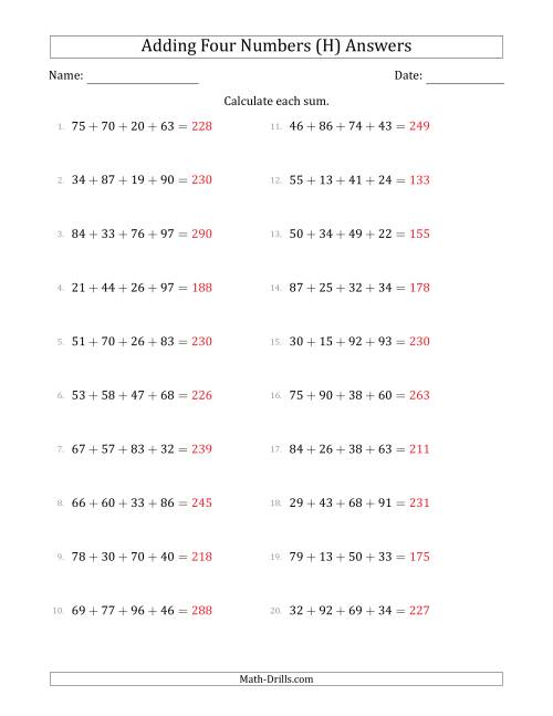 The Adding Four Numbers Horizontally (Range 10 to 99) (H) Math Worksheet Page 2