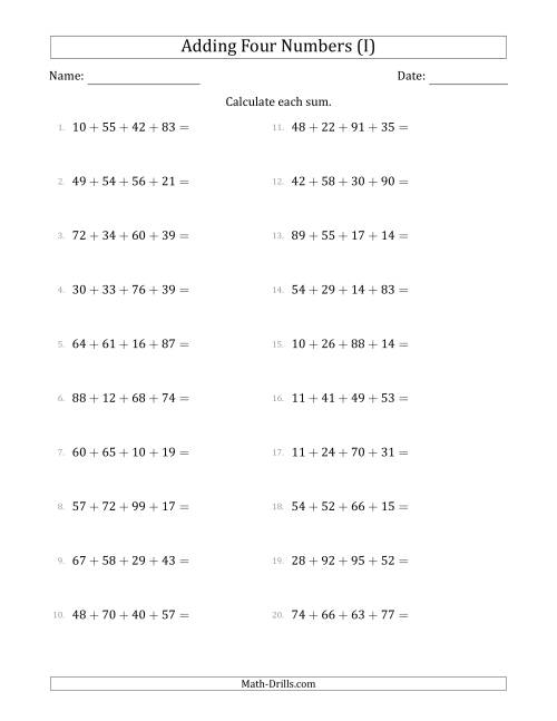 The Adding Four Numbers Horizontally (Range 10 to 99) (I) Math Worksheet