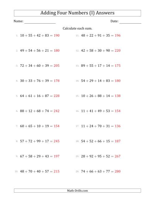 The Adding Four Numbers Horizontally (Range 10 to 99) (I) Math Worksheet Page 2