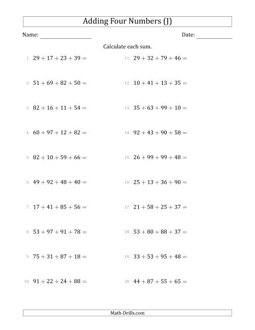 The Adding Four Numbers Horizontally (Range 10 to 99) (J) Math Worksheet