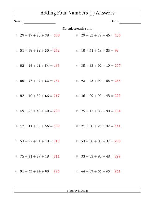 The Adding Four Numbers Horizontally (Range 10 to 99) (J) Math Worksheet Page 2