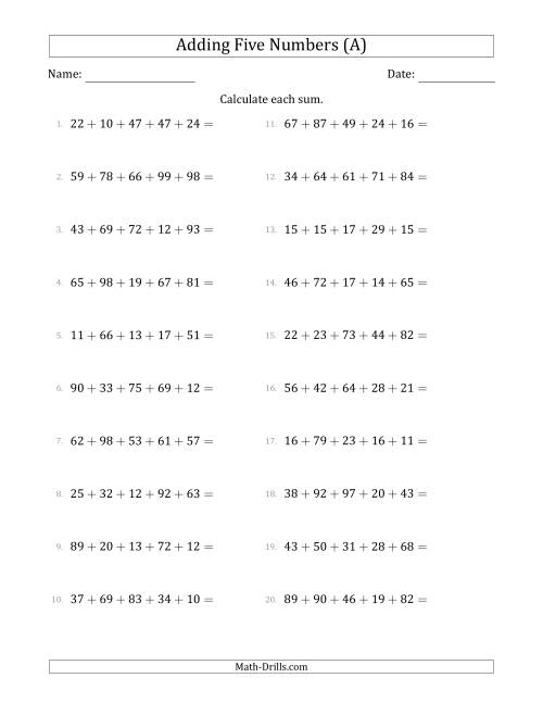 The Adding Five Numbers Horizontally (Range 10 to 99) (A) Math Worksheet