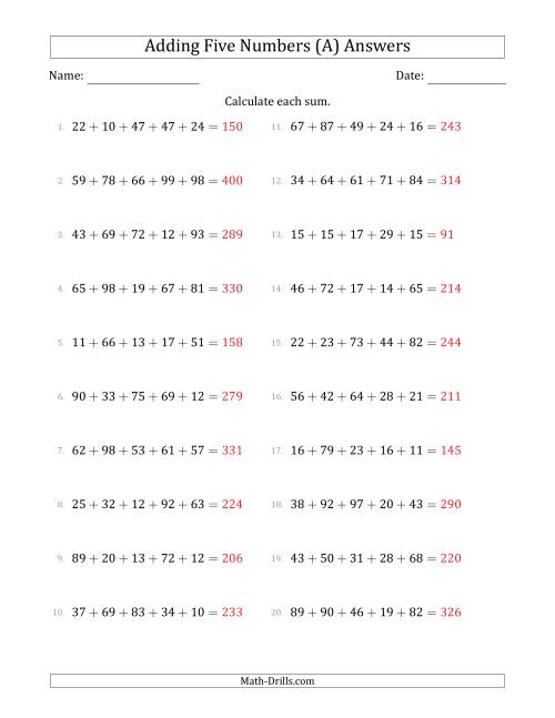 The Adding Five Numbers Horizontally (Range 10 to 99) (A) Math Worksheet Page 2