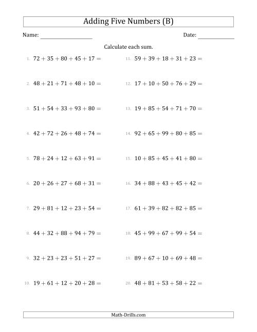 The Adding Five Numbers Horizontally (Range 10 to 99) (B) Math Worksheet