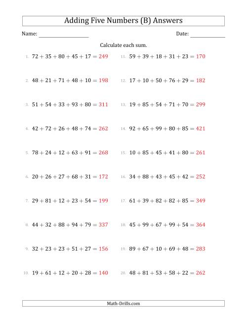 The Adding Five Numbers Horizontally (Range 10 to 99) (B) Math Worksheet Page 2
