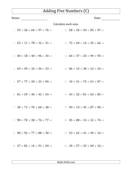 The Adding Five Numbers Horizontally (Range 10 to 99) (C) Math Worksheet