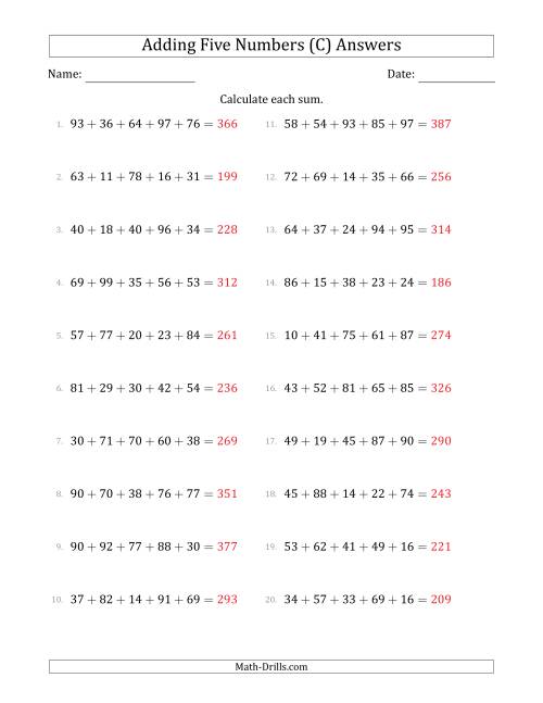 The Adding Five Numbers Horizontally (Range 10 to 99) (C) Math Worksheet Page 2