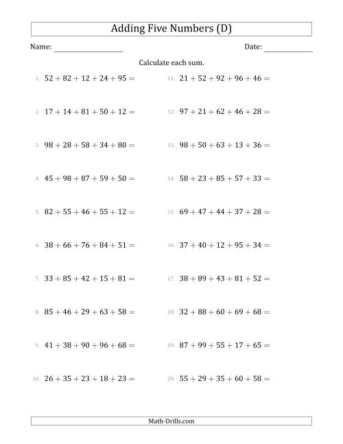 The Adding Five Numbers Horizontally (Range 10 to 99) (D) Math Worksheet