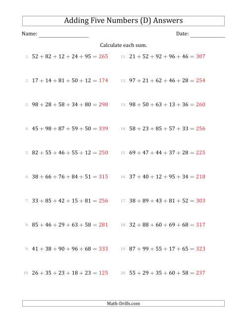 The Adding Five Numbers Horizontally (Range 10 to 99) (D) Math Worksheet Page 2