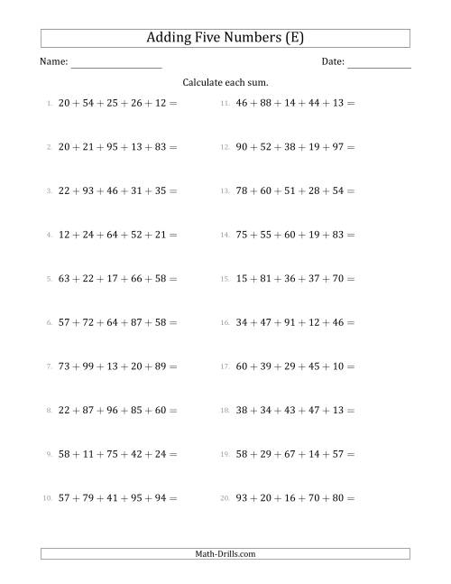 The Adding Five Numbers Horizontally (Range 10 to 99) (E) Math Worksheet