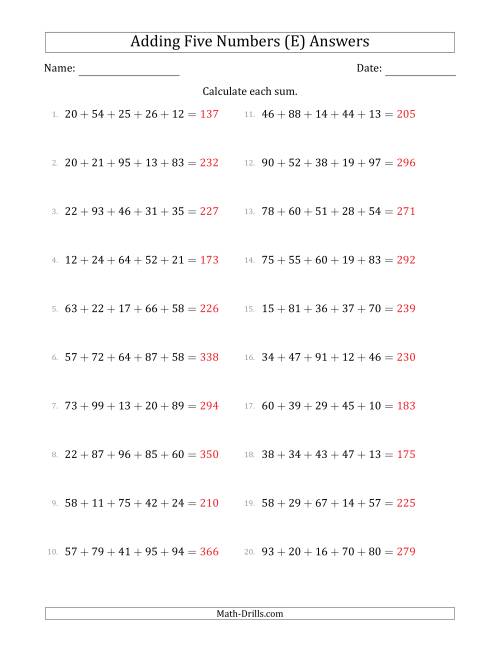 The Adding Five Numbers Horizontally (Range 10 to 99) (E) Math Worksheet Page 2