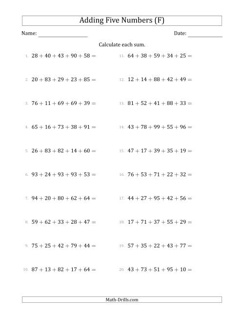 The Adding Five Numbers Horizontally (Range 10 to 99) (F) Math Worksheet