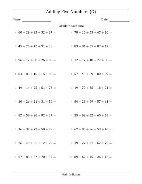 The Adding Five Numbers Horizontally (Range 10 to 99) (G) Math Worksheet