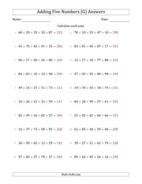 The Adding Five Numbers Horizontally (Range 10 to 99) (G) Math Worksheet Page 2