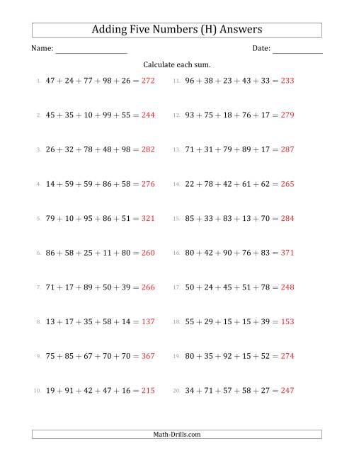 The Adding Five Numbers Horizontally (Range 10 to 99) (H) Math Worksheet Page 2