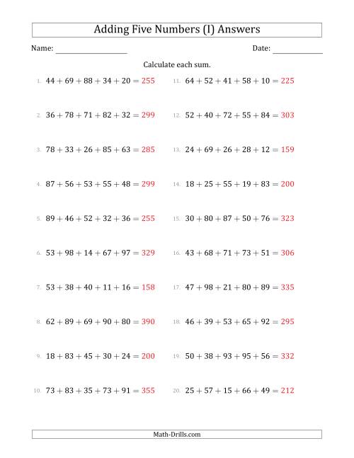 The Adding Five Numbers Horizontally (Range 10 to 99) (I) Math Worksheet Page 2