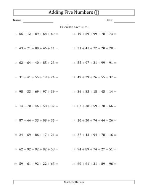 The Adding Five Numbers Horizontally (Range 10 to 99) (J) Math Worksheet