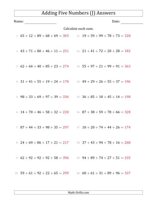 The Adding Five Numbers Horizontally (Range 10 to 99) (J) Math Worksheet Page 2
