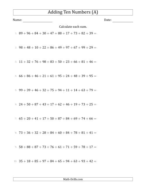 The Adding Ten Numbers Horizontally (Range 10 to 99) (A) Math Worksheet