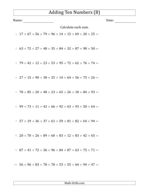 The Adding Ten Numbers Horizontally (Range 10 to 99) (B) Math Worksheet