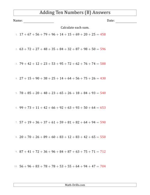The Adding Ten Numbers Horizontally (Range 10 to 99) (B) Math Worksheet Page 2