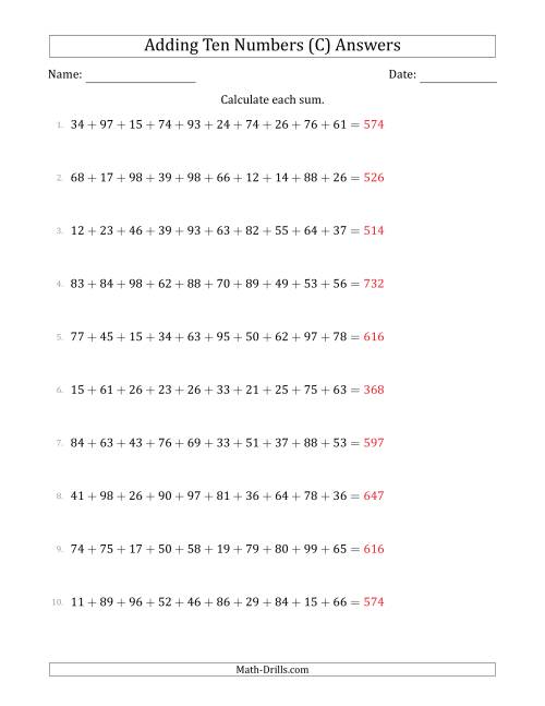 The Adding Ten Numbers Horizontally (Range 10 to 99) (C) Math Worksheet Page 2
