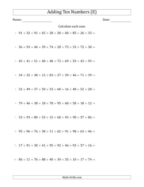 The Adding Ten Numbers Horizontally (Range 10 to 99) (E) Math Worksheet