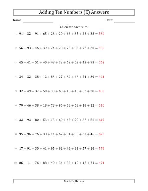 The Adding Ten Numbers Horizontally (Range 10 to 99) (E) Math Worksheet Page 2