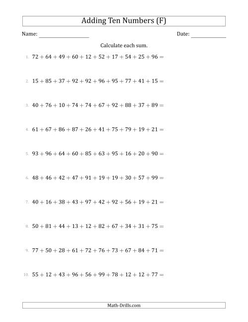 The Adding Ten Numbers Horizontally (Range 10 to 99) (F) Math Worksheet