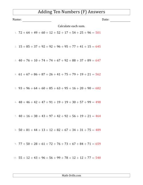 The Adding Ten Numbers Horizontally (Range 10 to 99) (F) Math Worksheet Page 2