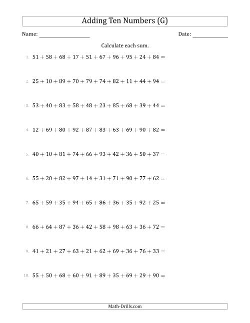 The Adding Ten Numbers Horizontally (Range 10 to 99) (G) Math Worksheet