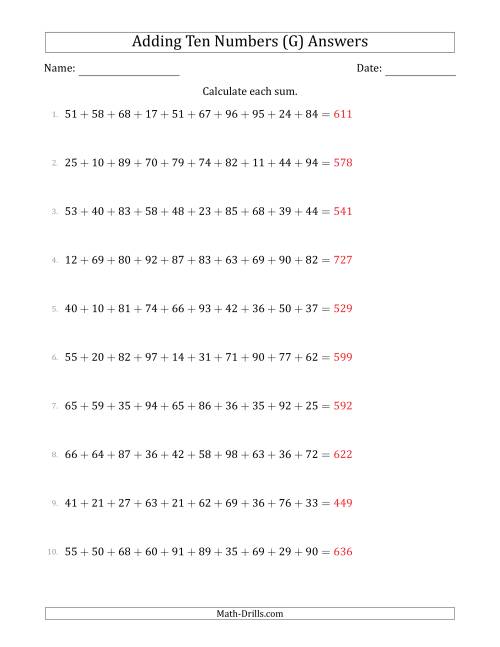 The Adding Ten Numbers Horizontally (Range 10 to 99) (G) Math Worksheet Page 2