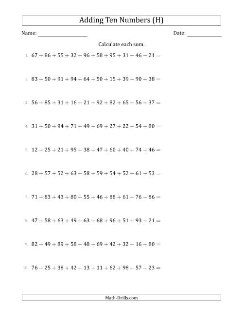 The Adding Ten Numbers Horizontally (Range 10 to 99) (H) Math Worksheet
