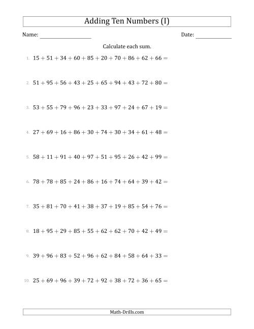 The Adding Ten Numbers Horizontally (Range 10 to 99) (I) Math Worksheet