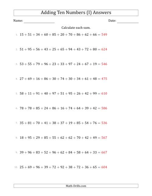 The Adding Ten Numbers Horizontally (Range 10 to 99) (I) Math Worksheet Page 2