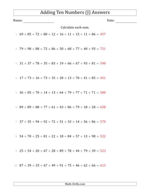 The Adding Ten Numbers Horizontally (Range 10 to 99) (J) Math Worksheet Page 2