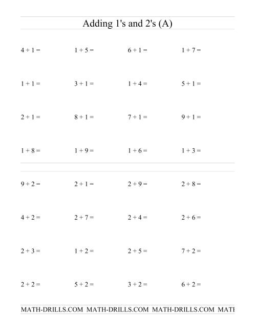 The Single Digit Addition -- Adding Ones and Twos (A) Math Worksheet