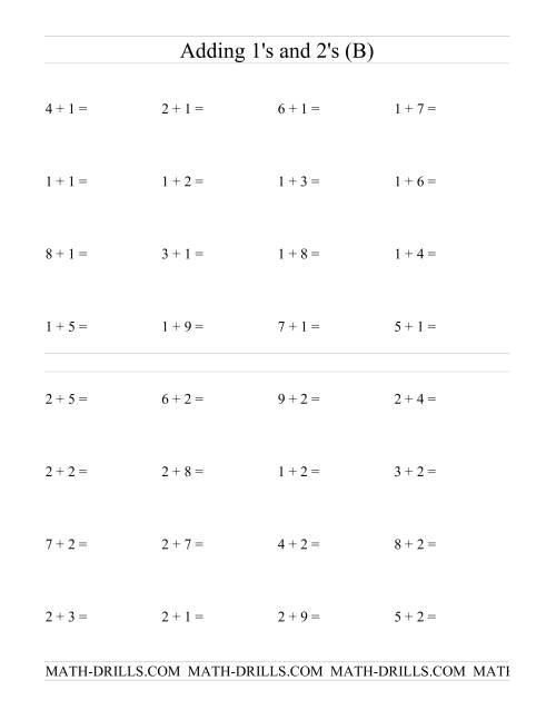 The Single Digit Addition -- Adding Ones and Twos (B) Math Worksheet