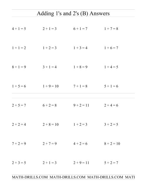 The Single Digit Addition -- Adding Ones and Twos (B) Math Worksheet Page 2