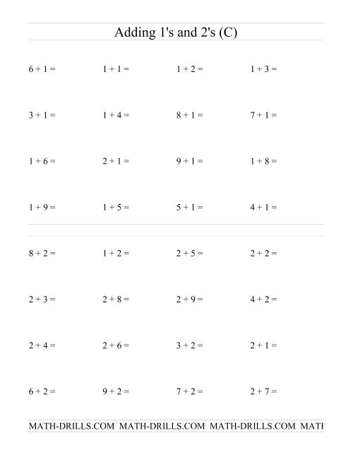 The Single Digit Addition -- Adding Ones and Twos (C) Math Worksheet