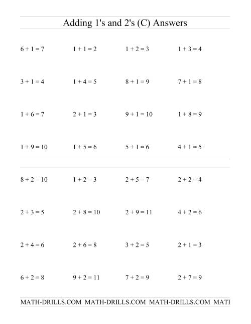 The Single Digit Addition -- Adding Ones and Twos (C) Math Worksheet Page 2