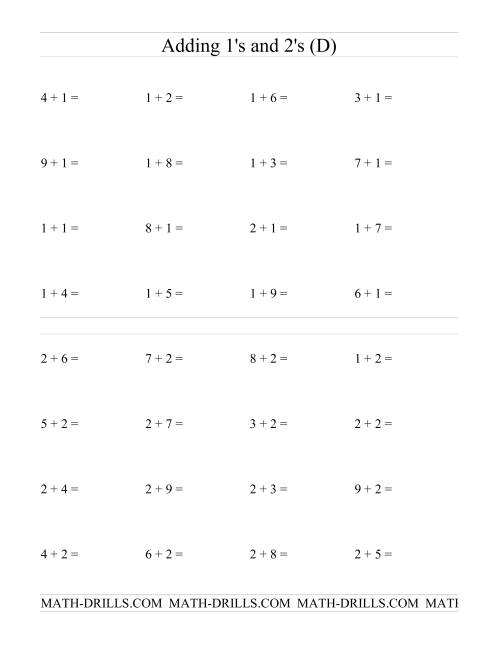 The Single Digit Addition -- Adding Ones and Twos (D) Math Worksheet